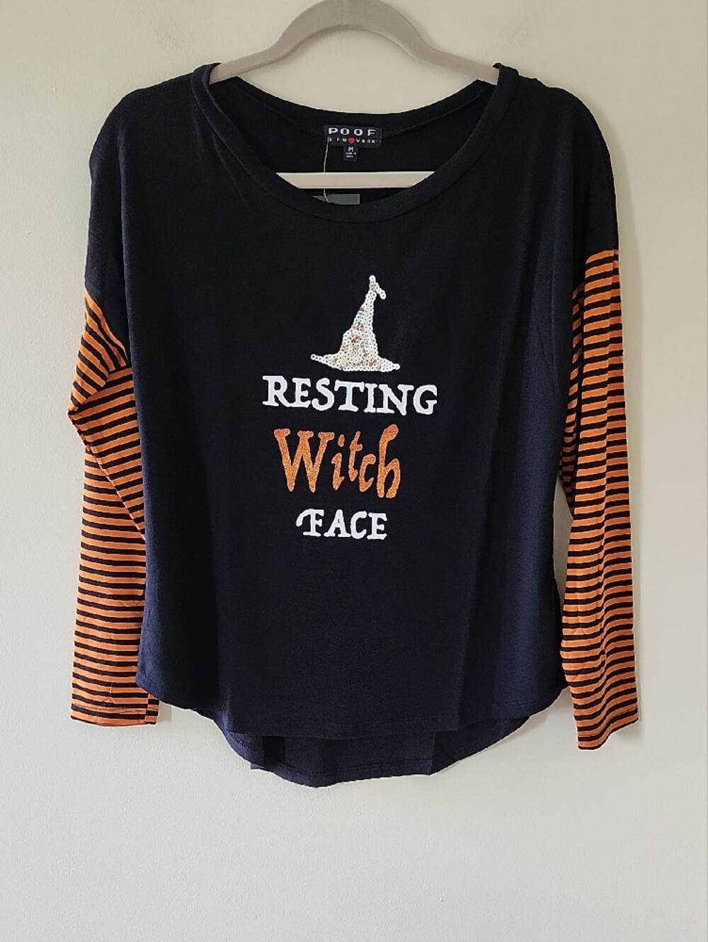Poof! Black Long Sleeve Halloween Top with Orange Striped Sleeves - Medium - Picture 7 of 8